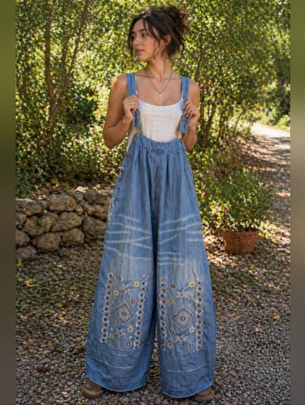 Vintage Boho Embroidered Denim Overalls Wide Leg